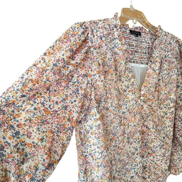 1.State Floral Smocked Peasant Blouse Top Women's Size L Chiffon - Picture 5 of 8